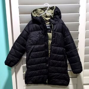 Zara Long Black Puffer Jacket with Hood Side Button